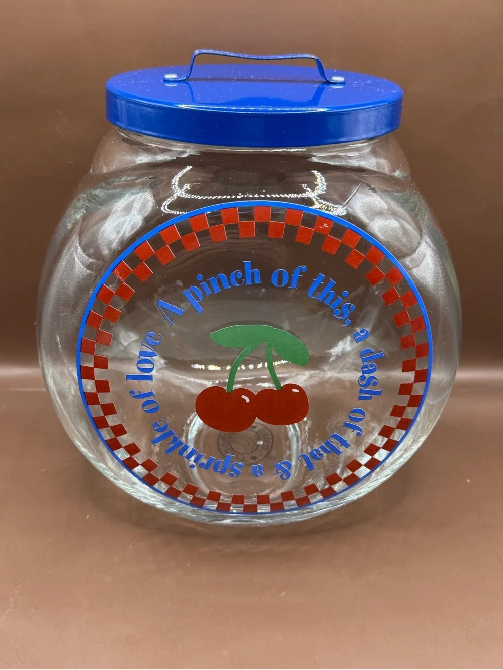 Vintage Gooseberry Patch Glass Canister or Cookie Jar Cherries Blue Metal Lid